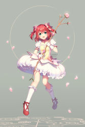 Rule 34 | 1girl, :d, aqua eyes, artist name, bow, bow (weapon), bubble skirt, choker, cosplay, crescent, flat chest, floating, flower, frills, full body, gloves, grey background, hair between eyes, hair ribbon, highres, holding, holding weapon, kaname madoka, kaname madoka (cosplay), kneehighs, kurosawa ruby, looking at viewer, love live!, love live! sunshine!!, magical girl, mahou shoujo madoka magica, open mouth, petals, pigeon-toed, pink bow, pink flower, pink hair, pink rose, puffy short sleeves, puffy sleeves, red hair, ribbon, rose, rosuuri, short sleeves, skirt, smile, socks, solo, soul gem, twintails, two side up, watermark, weapon, web address, white gloves, white socks