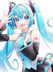 Rule 34 | 1girl, absurdres, blue eyes, blue hair, blush, breasts, collared shirt, detached sleeves, hair ornament, hand up, hatsune miku, headphones, headset, highres, long hair, long sleeves, looking at viewer, masumofu, medium breasts, necktie, open mouth, pleated skirt, shirt, sideboob, skirt, sleeveless, sleeveless shirt, smile, solo, twintails, very long hair, vocaloid