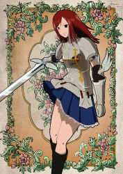 Rule 34 | armor, boots, erza scarlet, fairy tail, flat chest, flower, green eyes, long hair, red hair, rose, skirt, sword, tattoo, weapon