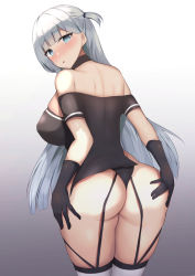 Rule 34 | 1girl, ass, azur lane, bare shoulders, black choker, black gloves, blush, breasts, choker, gloves, gradient background, hand on own ass, highres, houraku, large breasts, long hair, looking at viewer, looking back, race queen, shoukaku (azur lane), shoukaku (sororal wings) (azur lane), simple background, solo, thighhighs, white hair