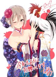 Rule 34 | 10s, 1girl, animal, bare shoulders, bird, black eyes, blush, breasts, chicken, chinese zodiac, cleavage, detached sleeves, flower, grey hair, hair flower, hair ornament, happy new year, idolmaster, idolmaster cinderella girls, idolmaster cinderella girls starlight stage, japanese clothes, jiino, kimono, new year, one eye closed, rooster, shiomi syuko, short hair, smile, solo, year of the rooster