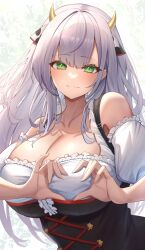 Rule 34 | 1girl, animal ears, blush, breasts, cleavage, cow ears, cow horns, detached sleeves, dirndl, german clothes, green eyes, grey hair, heart, heart hands, highres, hololive, horns, large breasts, long hair, looking at viewer, menmen (menmen13s), official alternate costume, puffy short sleeves, puffy sleeves, shirogane noel, shirogane noel (dirndl), short sleeves, smile, solo, virtual youtuber, white sleeves