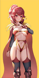 Rule 34 | 1girl, absurdres, anna (fire emblem), armor, black sleeves, breasts, cape, closed mouth, commission, fingerless gloves, fire emblem, garter belt, gloves, gold trim, groin, hand up, high ponytail, highres, index finger raised, medium breasts, medium hair, navel, nintendo, pixiv commission, ponytail, red cape, red eyes, red garter belt, red gloves, red hair, revealing clothes, secon, simple background, smile, solo, stomach, thighhighs, thighs, wavy hair, yellow background