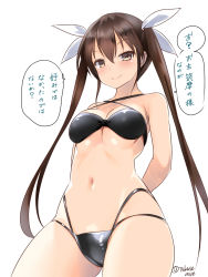 Rule 34 | 1girl, bare arms, bare legs, bare shoulders, bikini, black bikini, blush, brown eyes, brown hair, closed mouth, hair between eyes, hair ribbon, highres, kantai collection, long hair, navel, ribbon, simple background, smile, solo, speech bubble, swimsuit, takase muh, tone (kancolle), translation request, twintails, white background, white ribbon