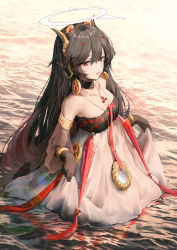 Rule 34 | 1girl, absurdres, accessories, alternate costume, bare shoulders, black gloves, black hair, bracelet, breasts, choker, cleavage, detached sleeves, dress, earrings, erjian, gloves, hair between eyes, hair ornament, halo, highres, holding, holding clothes, holding dress, in water, jewelry, light reflection (water), long hair, looking to the side, lucia: plume (punishing: gray raven), lucia (punishing: gray raven), mole, mole under eye, multicolored clothes, multicolored dress, necklace, official alternate costume, open mouth, punishing: gray raven, red eyes, wading, water, waves, wet, wet clothes, wet dress, white dress
