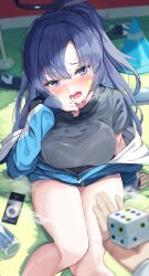 Rule 34 | 1girl, black halo, black shirt, blue archive, blue eyes, blue hair, blue jacket, blush, bottle, breasts, cellphone, commentary request, dice, halo, highres, igayan, jacket, large breasts, long hair, looking at viewer, official alternate costume, open mouth, phone, pov, shirt, sitting, solo focus, star sticker, sticker on face, sweat, thighs, track jacket, yuuka (blue archive), yuuka (track) (blue archive)