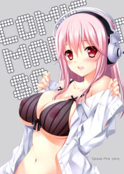 Rule 34 | 1girl, :d, bad id, bad pixiv id, black bra, blush, bra, breasts, cleavage, covered erect nipples, dress shirt, headphones, large breasts, lingerie, long hair, navel, nipples, nitroplus, open clothes, open mouth, pink eyes, pink hair, see-through, shirt, smile, solo, super sonico, underboob, underwear, zinno