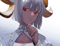 Rule 34 | 1girl, absurdres, arknights, blurry, bob cut, carnelian (arknights), chromatic aberration, close-up, collarbone, collared jacket, commentary request, dark skin, depth of field, goat girl, goat horns, gradient background, grey background, grey hair, grey jacket, hair between eyes, hand on own chin, highres, horns, igawa hikaru, inverted bob, jacket, parted lips, partial commentary, red eyes, short hair, signature, simple background, smile, tan, upper body, white background, white hair