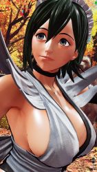Rule 34 | 1girl, 3d, black hair, breasts, curvy, fighting stance, forest, highres, iroha (samurai spirits), large breasts, lips, looking to the side, maid, maid headdress, nature, ryona, samurai spirits, screencap, shiny skin, short hair, sideboob, skindentation, smile, solo, third-party edit, tree