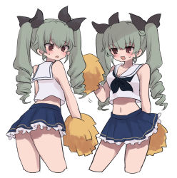Rule 34 | 1girl, anchovy (girls und panzer), blush, bow, breasts, brown eyes, cleavage, crop top, curly hair, drill hair, frilled skirt, frills, girls und panzer, grey hair, hair bow, highres, holding, holding pom poms, long hair, medium breasts, midriff, multiple views, navel, neckerchief, open mouth, pom pom (cheerleading), pom poms, ri (qrcode), sailor collar, shirt, skirt, sleeveless, sleeveless shirt, smile, sweat, twin drills, twintails