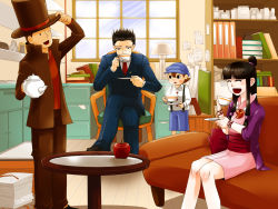 Rule 34 | 1girl, 3boys, apple, maya fey, black eyes, black hair, brown hair, capcom, child, crossover, cup, drink, food, fruit, ace attorney, hat, hershel layton, japanese clothes, kimono, level-5, long hair, luke triton, multiple boys, phoenix wright, open mouth, professor layton, professor layton vs. phoenix wright: ace attorney, short hair, smile, tea, teacup, top hat, traditional clothes, wink