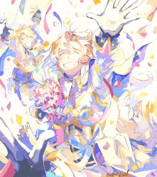 Rule 34 | 3boys, absurdres, bio l oid, blonde hair, bouquet, brown hair, closed eyes, colorful, confetti, facial hair, flower, glasses, goatee, hazama michio, highres, idolmaster, idolmaster side-m, looking at viewer, maita rui, male focus, multiple boys, mustache, open mouth, reaching, reaching towards viewer, s.e.m (idolmaster), simple background, smile, yamashita jiro