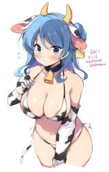 Rule 34 | 1girl, animal ears, animal print, bell, bikini, blue eyes, blue hair, blush, breasts, cleavage, collarbone, cow ears, cow girl, cow horns, cow print, cow tail, cowbell, cropped legs, dated, double bun, elbow gloves, gloves, hair bun, horns, kantai collection, large breasts, medium hair, odawara hakone, one-hour drawing challenge, simple background, solo, swimsuit, tail, twitter username, urakaze (kancolle), white background, white bikini, white gloves