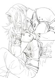 Rule 34 | 2boys, armor, bandaged arm, bandages, belt, closed eyes, cloud strife, final fantasy, final fantasy vii, final fantasy vii remake, hand in own hair, hand on another&#039;s shoulder, highres, lineart, long hair, long sleeves, male focus, mindcreator, multiple boys, pants, parted bangs, parted lips, sephiroth, short hair, shoulder armor, sleeveless, sleeveless turtleneck, spiked hair, square enix, suspenders, turtleneck, white background, yaoi
