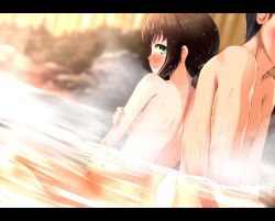 Rule 34 | 10s, 1boy, 1girl, back-to-back, bad id, bad pixiv id, black hair, blush, breasts, butt crack, fubuki (kancolle), green eyes, hetero, kantai collection, komone ushio, letterboxed, mixed-sex bathing, nude, onsen, partially submerged, personification, ponytail, shared bathing, water, wet
