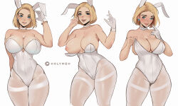 Rule 34 | 1girl, animal ears, arm tattoo, armpit crease, arms up, bare arms, bare shoulders, blonde hair, blue eyes, blush, bob cut, breasts, choker, cleavage, clothes tug, collarbone, cowboy shot, earrings, fake animal ears, forehead, gloves, holy meh, huge breasts, jewelry, leotard, looking at viewer, multiple views, nipples, original, pantyhose, patreon logo, patreon username, playboy bunny, rabbit ears, short hair, simple background, single glove, smile, tattoo, wardrobe malfunction, white background, white choker, white gloves, white pantyhose