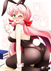 Rule 34 | 1girl, ;d, akashi (kancolle), alternate costume, animal ears, ass, back-seamed legwear, black leotard, black pantyhose, blush, book, book stack, breasts, embarrassed, fake animal ears, fake tail, from side, green eyes, hair ribbon, hairband, high heels, kantai collection, lace, large breasts, leaning forward, leg up, leotard, long hair, looking at viewer, looking to the side, nose blush, one eye closed, open mouth, pantyhose, pink background, pink hair, playboy bunny, rabbit background, rabbit ears, rabbit tail, raised eyebrows, red ribbon, ribbon, rui shi (rayze ray), seamed legwear, shiny clothes, shoes, sideboob, smile, solo, speech bubble, spoken blush, standing, standing on one leg, tail, tress ribbon, v, very long hair, wrist cuffs