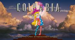 Rule 34 | 1girl, american flag, american flag legwear, blonde hair, cloud background, clownpiece, columbia pictures, commentary, fairy, hat, highres, jester, jester cap, long hair, parody, podium, smile, solo, third-party edit, torch, touhou, zun (artist)