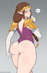 Rule 34 | 1girl, afrobull, ass, blue eyes, blush, brown hair, clothes, ear piercing, elbow gloves, embarrassed, english text, gloves, highres, looking back, nintendo, piercing, princess zelda, solo, speech bubble, the legend of zelda, the legend of zelda: twilight princess, white gloves