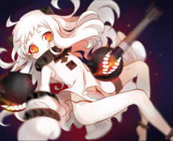 Rule 34 | 10s, 1girl, abyssal ship, dress, horns, kantai collection, long hair, mittens, northern ocean princess, pale skin, red eyes, solo, vveird, white hair