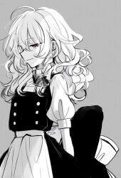 Rule 34 | 1girl, apron, black skirt, black vest, buttons, grey background, highres, kirisame marisa, long hair, looking to the side, monochrome, no headwear, orange eyes, poprication, red eyes, short sleeves, skirt, solo, spot color, touhou, vest, waist apron