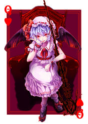 Rule 34 | 1girl, absurdres, bad id, bad pixiv id, brooch, card, chair, fang, female focus, hat, highres, jewelry, light purple hair, playing card, red eyes, remilia scarlet, sitting, skirt, skirt set, smile, solo, spear the gungnir, toor 0111, touhou, wrist cuffs