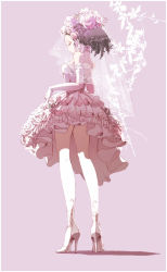 Rule 34 | 1girl, bare shoulders, black hair, breasts, dress, drill hair, flower, full body, high heels, legs, long hair, medium breasts, pink background, pink theme, princess white rose, pumps, rose, saga, saga frontier, seqet-aru, simple background, solo, standing, white flower, white rose
