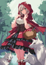 Rule 34 | 1girl, apple, boots, bottle, braid, breasts, cape, corset, expressionless, food, fruit, glass bottle, green eyes, grey hair, highres, hood, hood up, hooded cape, inue ao, large breasts, layered skirt, little red riding hood, little red riding hood (grimm), original, picnic basket, red cape, red footwear, red skirt, shirt, short sleeves, skirt, tree, white shirt, white wolf, wolf, yellow eyes