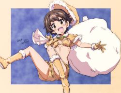 Rule 34 | 1girl, alternate costume, artist logo, bad id, bad twitter id, bell, bikini, bikini top only, boots, border, breasts, brown eyes, brown hair, carrying over shoulder, dated, erakin, floating, fur-trimmed boots, fur-trimmed gloves, fur collar, fur trim, girls und panzer, gloves, hat, highres, holding, holding sack, looking at viewer, nakajima (girls und panzer), open mouth, orange bikini, orange border, orange footwear, orange gloves, orange hat, orange santa costume, orange shorts, sack, santa costume, santa hat, short hair, short shorts, shorts, small breasts, smile, solo, swimsuit, upshorts