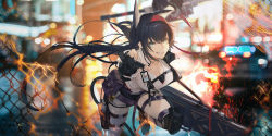 Rule 34 | 1girl, animal ears, aqua eyes, arknights, belt, belt pouch, black gloves, black hair, blaze (arknights), blurry, blurry background, breasts, chain-link fence, chainsaw, cleavage, clenched teeth, fence, fingerless gloves, fire, gloves, hair between eyes, hairband, highres, id card, jacket, knee pads, knee up, kuroduki (pieat), large breasts, long hair, looking at viewer, outstretched arms, partially fingerless gloves, popped collar, pouch, reaching, reaching towards viewer, shirt, shorts, smirk, solo, sparks, teeth, thigh strap, weapon case, white shirt