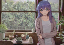 Rule 34 | 1girl, absurdres, brown cardigan, bush, cardigan, chromatic aberration, closed mouth, collarbone, hand on own arm, highres, indoors, jongho bak, light blush, long hair, long sleeves, looking at viewer, mole, mole under eye, original, plant, potted plant, purple eyes, purple hair, shirt, sleeves past wrists, smile, solo, table, upper body, watering can, white shirt, window