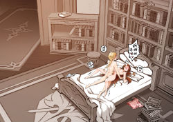 Rule 34 | 1boy, 1girl, aether (genshin impact), amber (genshin impact), bed, bed sheet, bedroom, blonde hair, book, book stack, bookshelf, breasts, brown hair, completely nude, female orgasm, from above, genshin impact, happy sex, hetero, highres, indoors, lying, medium breasts, missionary, nude, on back, orgasm, pillow, royboy, sex, stool, vaginal
