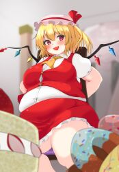 Rule 34 | 1girl, alternate body size, arms behind back, blonde hair, blurry, blurry background, blurry foreground, breasts, buttons, cake, commentary request, cowboy shot, doughnut, fang, fat, flandre scarlet, food, hair between eyes, hat, highres, large breasts, looking at viewer, medium hair, nerizou, open mouth, red eyes, red skirt, short sleeves, skirt, solo, strawberry shortcake, thick arms, thick thighs, thighs, touhou, wing collar