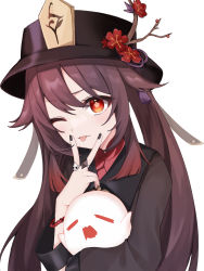 Rule 34 | 1girl, ao (user ctez2482), black nails, bracelet, brown hair, cunnilingus gesture, flower, genshin impact, hair flower, hair ornament, highres, hu tao (genshin impact), jewelry, long hair, nail polish, red eyes, red flower, simple background, solo, symbol-shaped pupils, tongue, tongue out, twintails, upper body, white background