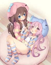 Rule 34 | 2girls, animal ear headwear, animal ears, arashiya, arms up, azur lane, bell, blue cardigan, blue eyes, blue headwear, blush, bow, brown hair, camisole, candy hair ornament, cardigan, cat ears, cat girl, cat teaser, child, child on child, clenched hands, commentary request, commission, commissioner upload, crescent, crescent hair ornament, dog ears, dog girl, fake animal ears, flat chest, food-themed hair ornament, fumizuki (azur lane), fumizuki (sleepy fairy) (azur lane), hair bow, hair ornament, hairclip, hand on another&#039;s stomach, jingle bell, kisaragi (azur lane), kneehighs, knees up, lap pillow, legs, long hair, low twintails, lying, midriff, multiple girls, navel, on back, open mouth, paw pose, pillow, pink camisole, pink cardigan, pink eyes, pink hair, pink headwear, pink shorts, pixiv commission, ribbon, short shorts, shorts, sitting, sleepwear, smile, socks, striped cardigan, striped clothes, striped legwear, striped socks, thighs, twintails, yuri