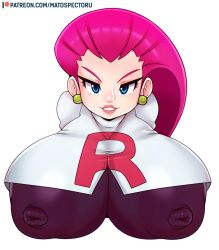 Rule 34 | 1girl, blue eyes, blush, breasts, creatures (company), earrings, covered erect nipples, game freak, grin, jessie (pokemon), jewelry, large breasts, long hair, looking at viewer, mato spectoru, nintendo, nose blush, pink eyebrows, pink hair, pokemon, pokemon (anime), smile, solo, thin eyebrows