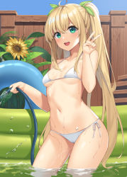 Rule 34 | 1girl, :d, ahoge, aqua eyes, bikini, blonde hair, blush, bow, breasts, collarbone, contrapposto, day, dripping, fence, flower, groin, hair between eyes, hair bow, halterneck, hands up, holding, holding hose, hose, innertube, long hair, looking at viewer, mahou shoujo kanae, navel, open mouth, outdoors, sharon (mahou shoujo kanae), shiny skin, side-tie bikini bottom, sidelocks, skindentation, small breasts, smile, solo, spraying, standing, stomach, string bikini, suiroh (shideoukami), sunflower, swim ring, swimsuit, thighs, twintails, underboob, v, very long hair, wading, wading pool, water, water drop, wet, white bikini, wooden fence, yumehiko