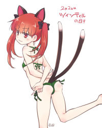 Rule 34 | 1girl, :3, animal ears, arms behind back, ass, bikini, black bow, blunt bangs, blush, bow, cat ears, cat girl, cat tail, dra (area-s), green bikini, hair bow, kaenbyou rin, long hair, looking at viewer, looking back, multiple tails, red eyes, red hair, side-tie bikini bottom, simple background, solo, swimsuit, tail, touhou, twintails, white background
