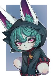 1girl 2025 animal_ears artist_name black_coat blue_background blue_nails border coat colored_skin eyelashes frown green_hair grey_skin highres hood jewelry league_of_legends lolobox looking_at_viewer nail_polish pendant pink_eyes sandals shoes shorts simple_background sleeves_past_fingers sleeves_past_wrists slit_pupils solo squatting thighs toes very_long_sleeves vex_(league_of_legends) white_border white_fur yordle