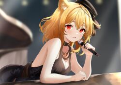 Rule 34 | 1girl, animal ear fluff, animal ears, arknights, bent over, blonde hair, blurry, breasts, choker, cleavage, commentary request, depth of field, dress, eyelashes, hair between eyes, hair ornament, hat, highres, holding, holding microphone, looking at viewer, medium breasts, medium hair, microphone, open mouth, red eyes, sleeveless, sleeveless dress, solo, sora (arknights), sora (melodiosa) (arknights), sora mame (princess 0sora)