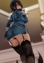 Rule 34 | 1girl, ass, back, black gloves, black hair, black panties, black thighhighs, blue headwear, blue jacket, commentary request, endou (zettai bluenoid), garter straps, gloves, hand on own ass, highres, jacket, kantai collection, lace, lace panties, looking at viewer, looking back, panties, red eyes, solo, standing, takao (kancolle), thighhighs, underwear