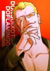 Rule 34 | 10kiroki, 1boy, blonde hair, character name, collarbone, donquixote doflamingo, earrings, english text, green shirt, hand on own face, highres, jewelry, looking at viewer, male focus, multiple rings, one piece, open clothes, ring, shirt, short hair, smile, smug, sunglasses, upper body, white-framed eyewear