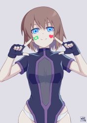 Rule 34 | 1girl, blue eyes, bodysuit, brown hair, character request, copyright request, cowboy shot, fingerless gloves, fingers to cheeks, gloves, grey background, hibun tsukasa, highres, panties, pointing, pointing at self, short hair, skindentation, smile, solo, stern the destructor, underwear, white panties