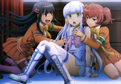 Rule 34 | 10s, 3girls, :3, :o, absurdres, aoki hagane no arpeggio, ashigara (aoki hagane no arpeggio), black hair, blue eyes, blue hair, boots, brown hair, cross-laced footwear, fang, female focus, green eyes, haguro (aoki hagane no arpeggio), highres, iona (aoki hagane no arpeggio), knee boots, kneeling, knees together feet apart, lace-up boots, long hair, multiple girls, non-web source, nyantype, official art, red eyes, sitting, thighhighs, twintails, white footwear, yuri