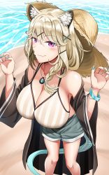 Rule 34 | 1girl, absurdres, animal ear fluff, animal ears, aqua nails, arknights, bare shoulders, bikini, blush, bracelet, braid, breasts, claw pose, cleavage, commentary, feet out of frame, grey shorts, hair between eyes, hair ornament, hairclip, hands up, hat, highres, jewelry, large breasts, long hair, long sleeves, looking at viewer, nail polish, off shoulder, official alternate costume, pendant, purple eyes, shorts, silver hair, single braid, solo, springveiv, standing, striped bikini, striped clothes, sun hat, swimsuit, swimsuit cover-up, tail, utage (arknights), utage (summer flowers) (arknights), vertical-striped bikini, vertical-striped clothes, water, wide sleeves
