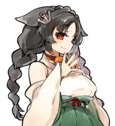 Rule 34 | 1girl, animal ears, azur lane, bad id, bad twitter id, bell, black hair, braid, breasts, brown eyes, character request, closed mouth, large breasts, long hair, looking at viewer, mota, neck bell, ooshio (azur lane), simple background, smile, solo, twin braids, white background