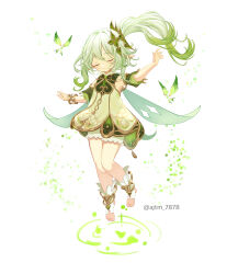 Rule 34 | 1girl, absurdres, ajino (ajtm 7878), bare shoulders, bloomers, bracelet, closed eyes, crystalfly (genshin impact), detached sleeves, dress, floating, full body, genshin impact, gold trim, gradient hair, green hair, hair ornament, highres, jewelry, multicolored hair, nahida (genshin impact), sleeveless, sleeveless dress, smile, solo, toeless footwear, underwear, white background, white bloomers