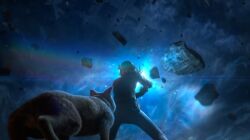 Rule 34 | 1boy, animal, ass, building, destruction, dog, dust, embers, energy, from behind, glowing, helmet, night, platinum games, project g.g., rubble, shiba inu, silhouette, tail, teaser