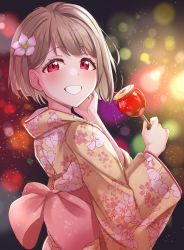 Rule 34 | 1girl, :d, absurdres, alternate costume, blurry, blush, bob cut, bokeh, brown hair, candy apple, depth of field, floral print, flower, food, from behind, from side, grin, hair flower, hair ornament, highres, japanese clothes, kimono, linatai, looking at viewer, looking back, looking to the side, love live!, love live! nijigasaki high school idol club, nakasu kasumi, obi, open mouth, print kimono, red eyes, sash, short hair, smile, solo, upper body, yellow kimono, yukata