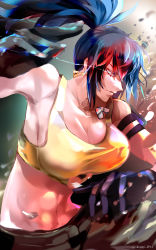 Rule 34 | 1girl, abs, absurdres, armlet, bare shoulders, black gloves, blue hair, breasts, cleavage, dark persona, dog tags, gloves, highres, large breasts, leona heidern, midriff, multicolored hair, orochi leona, pants, ponytail, red eyes, red hair, shinobi life1, tank top, the king of fighters, the king of fighters xv, yellow tank top